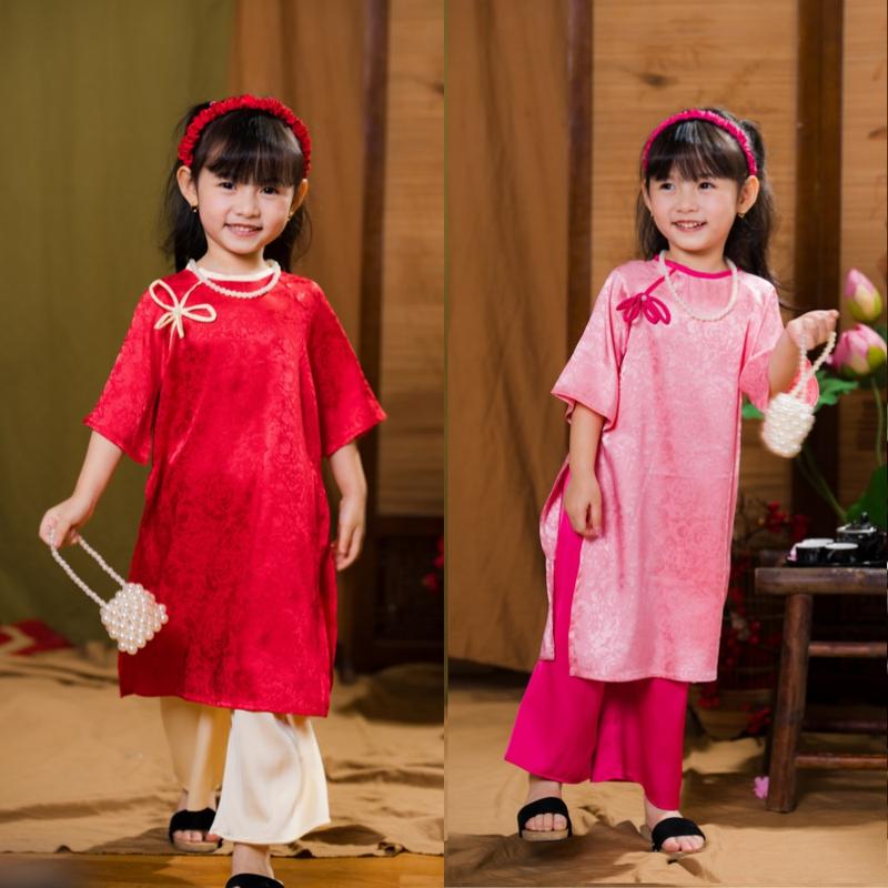  Áo dài Tết cho bé gái cách tân chất lụa gấm cao cấp Tết 2025 cho bé phối nơ DA02 Size đại 42kg 