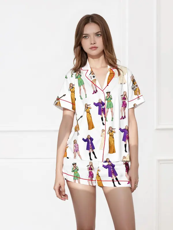 Women's All Over Print Short Sleeve Satin Pajama Two-piece Set, Elegant Casual Comfy Button Front Lapel Neck Top & Elastic Waist Shorts PJ Set, Ladies Sleepwear for Summer 6