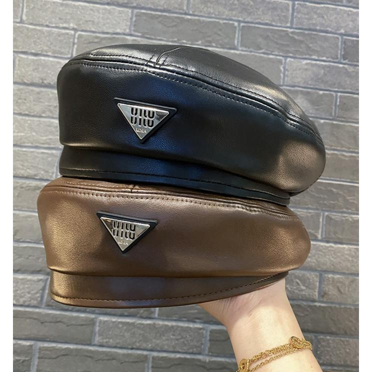 Mũ beret nồi chất liệu da xịn xò tag tam giác Min Min thời trang Hàn Quốc mới Ca Cap