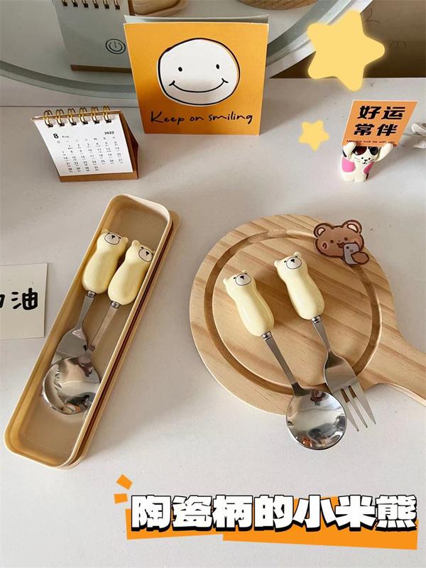 Product Introduction of Bear rice short handle cute spoon set ceramic fork cartoon children household dessert spoon dining Cutlery Tableware 0