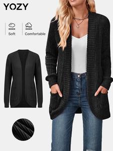 YOZY Women's Solid Pocket Open Front Cardigan, Casual Long Sleeve Cardigan Sweater for Spring & Fall, Women's Knit Clothing for Daily Wear