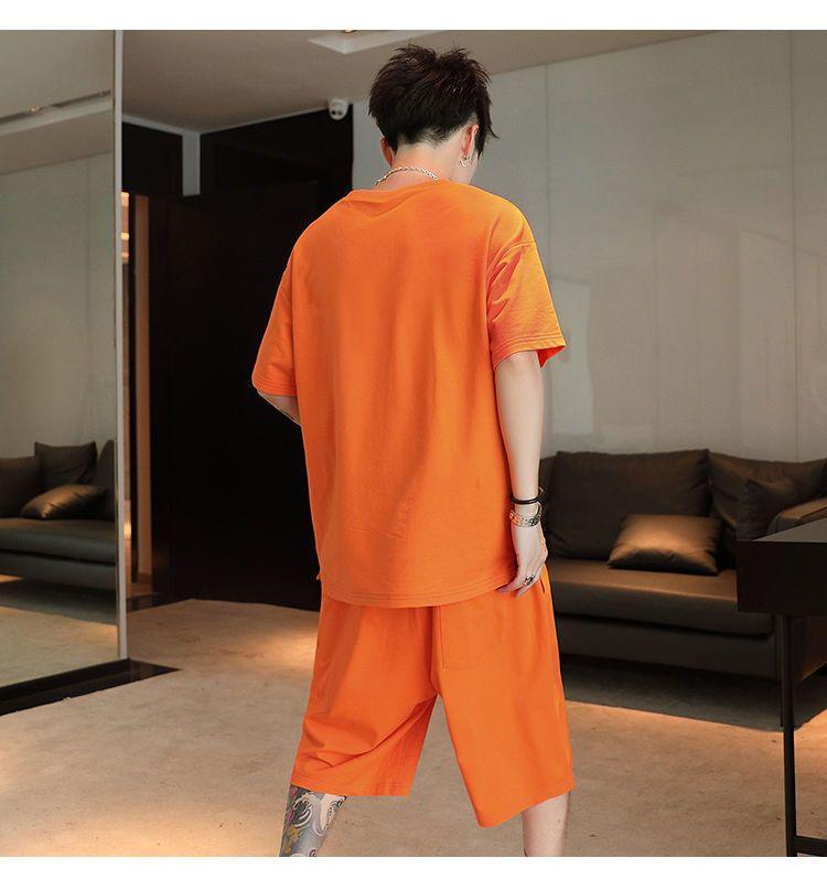 Product Introduction of Summer New Trendy Hong Kong Style Simple Letter Printing Leisure Sports Suit Green Student Short Sleeve Shorts Two Pieces Suit Menswear Overalls Lingerie Formal 2
