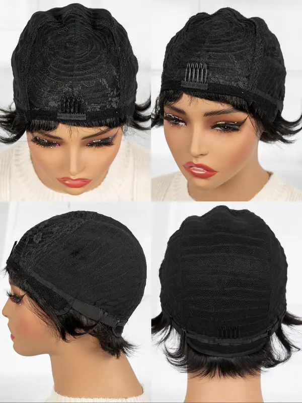 Black Short Bob Wigs for Women, Gorgeous Fluffy Wigs with Bangs, Human Hair Full Machine Wigs for Party, Daily Use 6