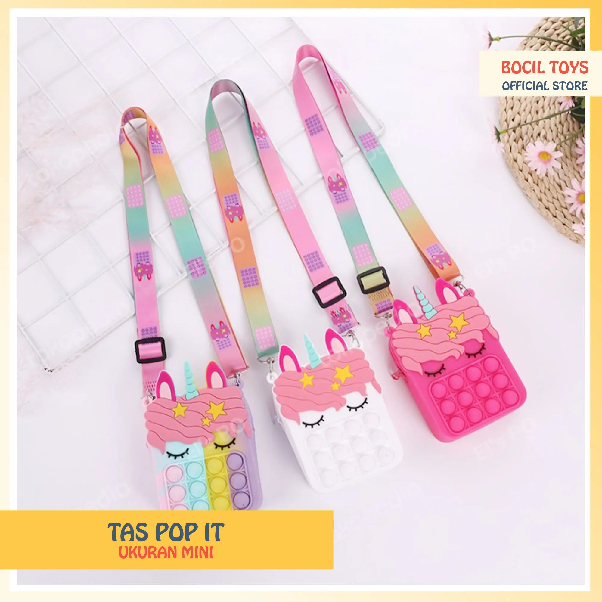 Tas Pop It viral ukuran Kecil sling bag karakter unicorn momo rainbow warna beragam harga murah bisa COD Fashion