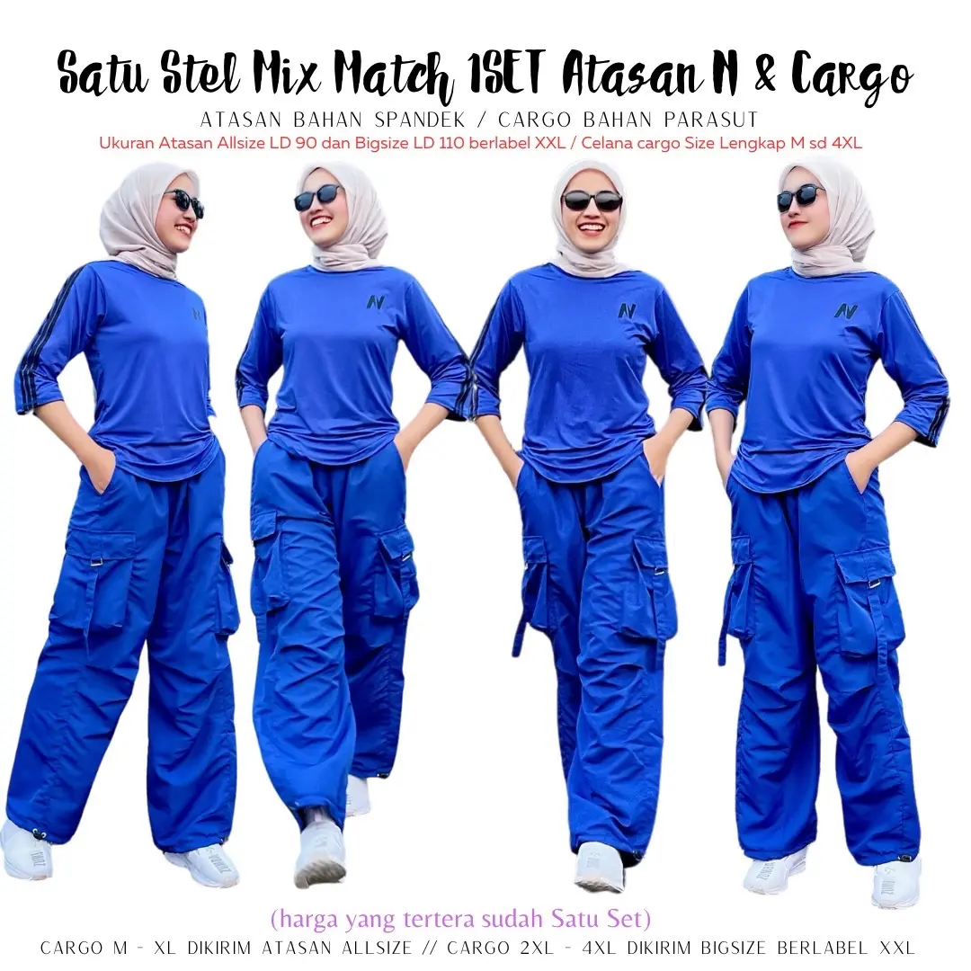 Setelan Senam Dan Olahraga 1Set Mix Match Atasan N Biru Lis Hitam dengan Celana Senam Cargo Harajuku bahan Parasut Size Lengkap Baju Sport
