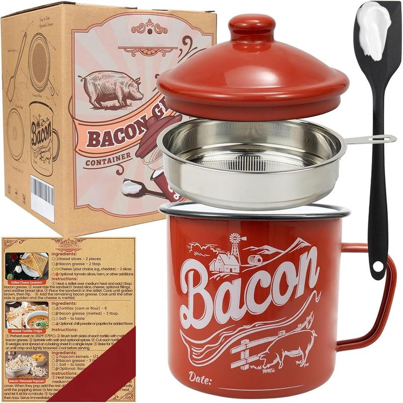 46oz Enamel Grease Keeper with Strainer & Spatula - Leakproo - TikTok Shop