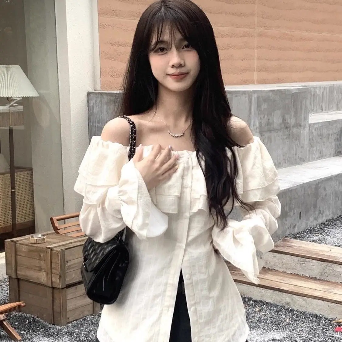 Áo trễ vai phối bèo tiểu thư dài tay ,Siết Eo sẵn ( ko dây buộc), phong cách thanh lịch cho nữ (Có bigsize) | BigBuy360 - bigbuy360.vn