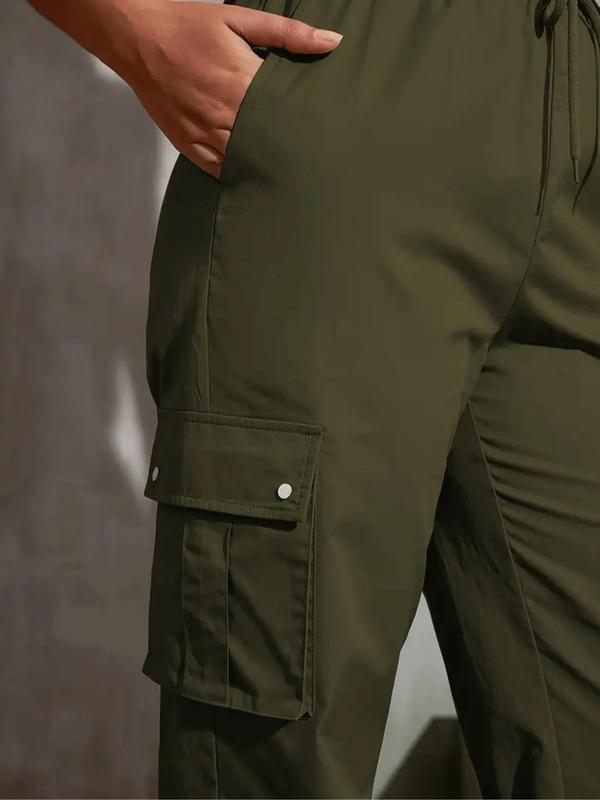 Women's Solid Pocket Drawstring Cargo Pants, Casual Y2K Style Pants for Daily Wear, Ladies Bottoms for Spring & Fall 8