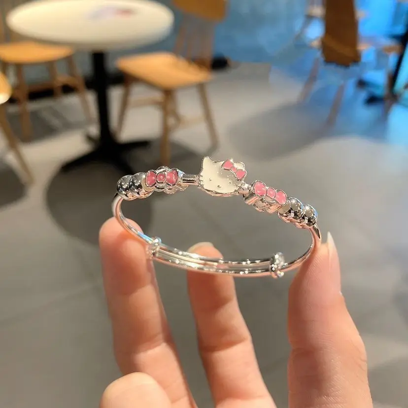 Vòng Tay Hello Kitty, Màu Bạc Ngọt Ngào Thiết Kế Hoạt Hình Dễ Thương, Chất Liệu Tráng Men, Kiểu Dấu Ấn Kéo Đẩy, Thời Trang Đơn Giản Cao Cấp