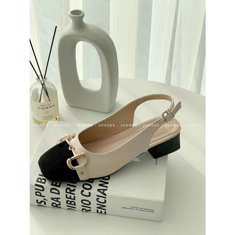 Giày sandal dáng slingback nữ mũi tròn phối khoá xinh xắn đế 3cm 2 màu đen trắng phong cách công sở nữ tính - Mã G55 DéP Shoes Cao Su 1