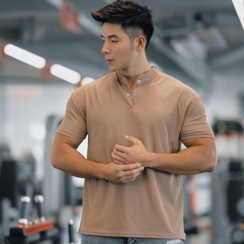 Summer Men's Sporty Casual Running Fitness Solid Buttoned Stand Collar Short Sleeve Cool Feeling Quick Dry T-Shirt 2