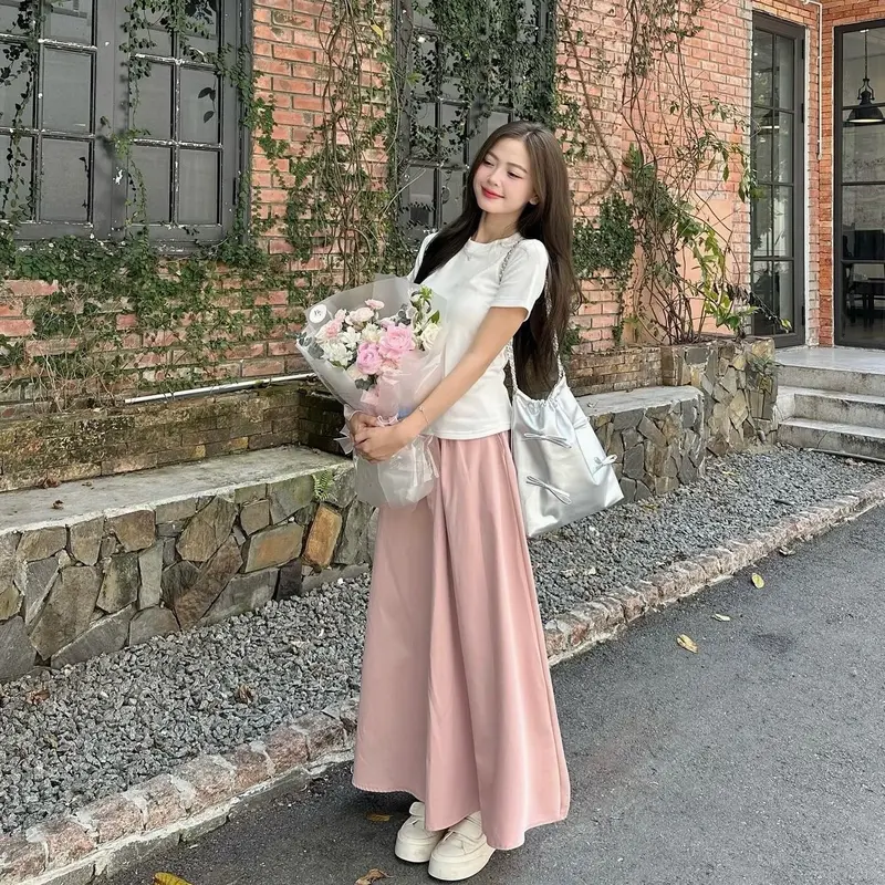 Sét Váy Nàng Thơ Gồm Áo Babytee Màu Trắng+ Chân Váy Dáng Dài Chất Thô Nữ 2