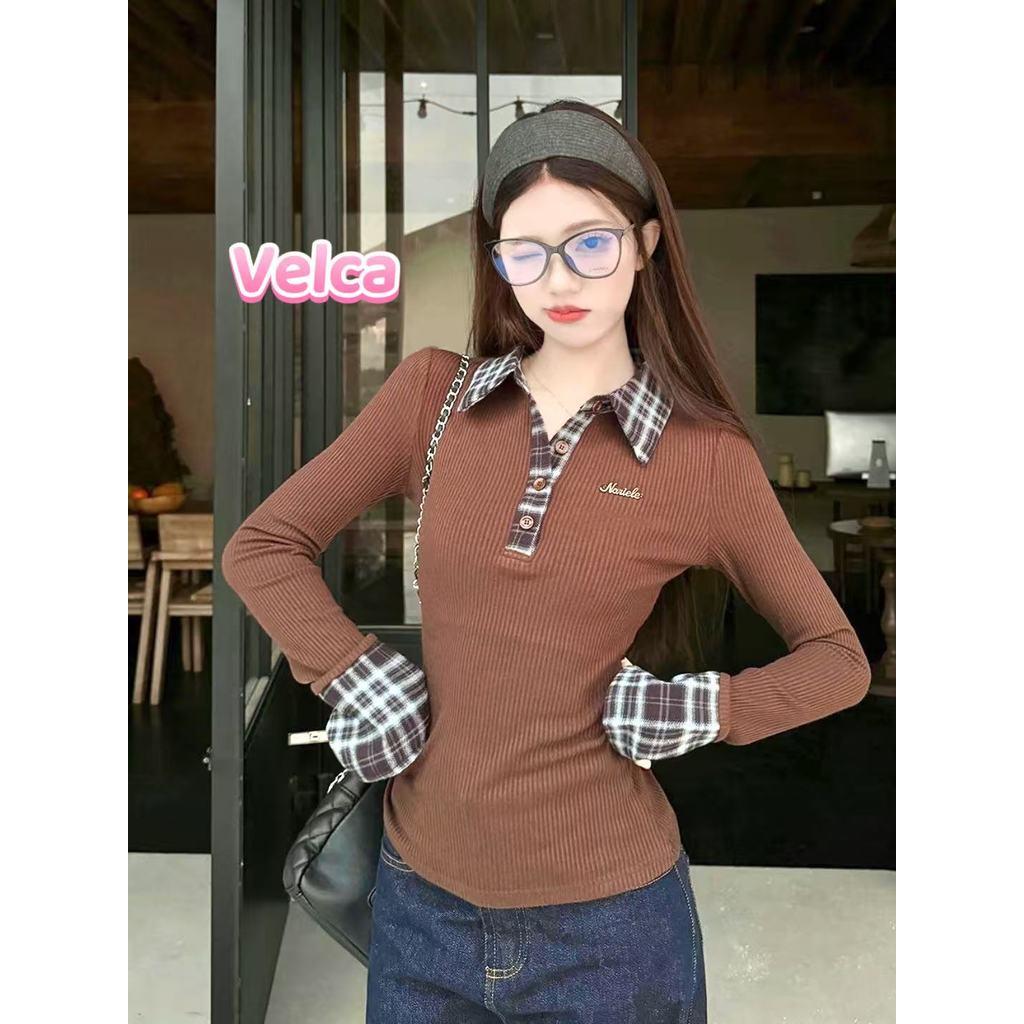 ส่งจากไทยทุกวัน เสื้อยืดผู้หญิง แขนยาว คอโปโล ทรงเข้ารูป มีสีให้เลือกมากมาย Velca