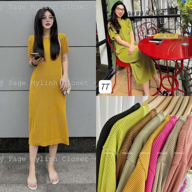 Đầm suông nữ cổ tròn dáng rộng vải thun dập li cao cấp nhiều màu Women Dress