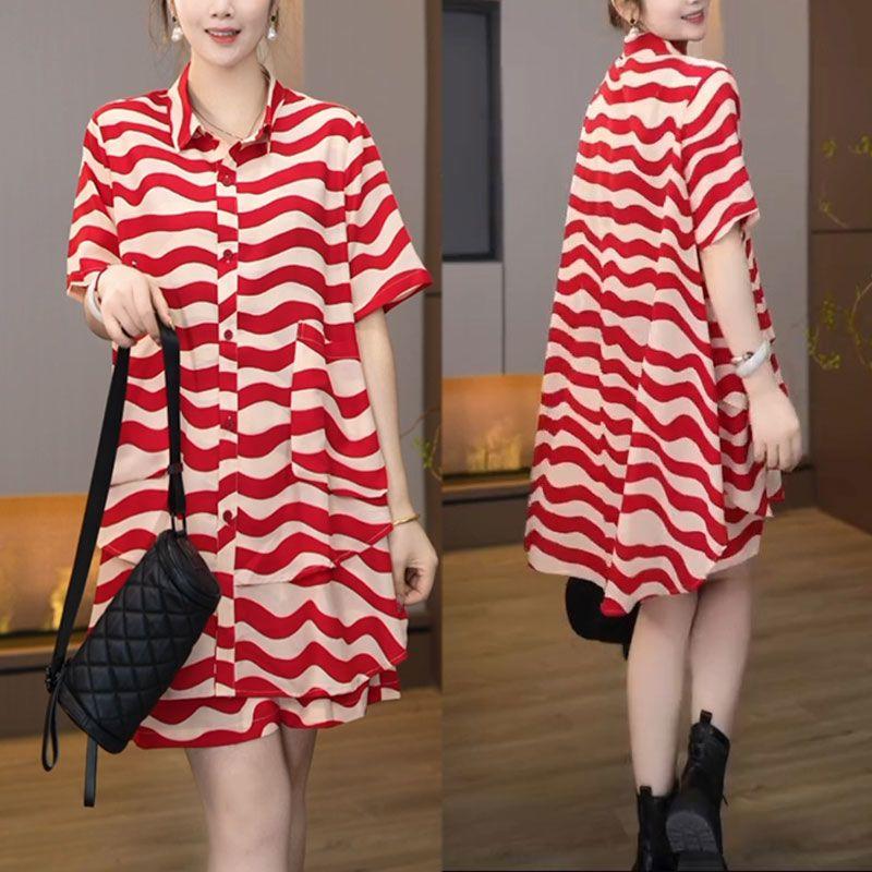 Product Introduction of Bộ Đồ Hai Mảnh Cho Nữ, Thời Trang Mới Mùa Hè 2024, Ngoại Cỡ, Dáng Rộng Rãi Và Mỏng, Áo ngắn Tay Sọc, Quần Đùi Ống Rộng 5