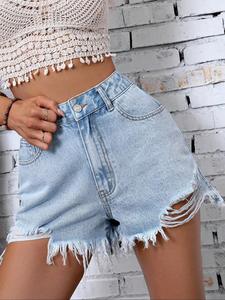 Women's Distressed Hem Denim Shorts, Casual Fashion Shorts for Daily Wear, Ladies Bottoms for Spring & Fall, Summer Clothes