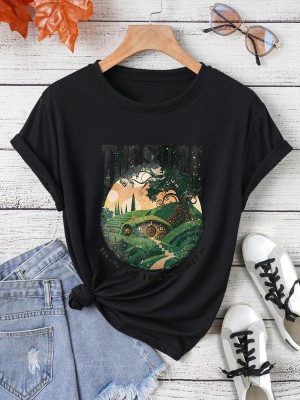 Women's Cartoon Graphic Print Round Neck Tee, Fashion Casual Short Sleeve T-shirt for Daily Wear, Ladies Summer Clothes 2