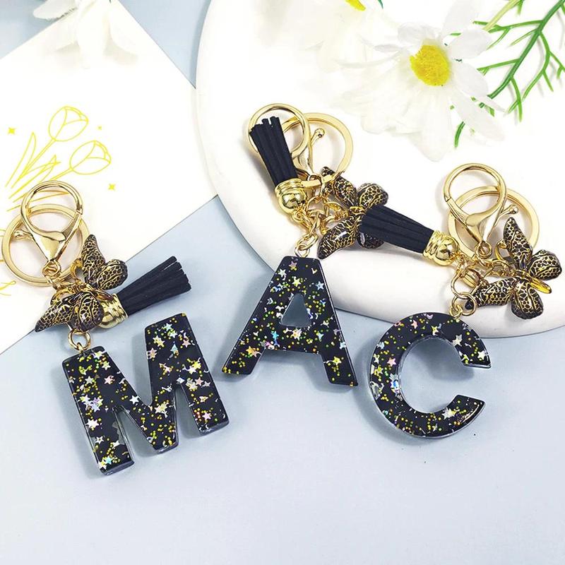 Black Color Resin Initial Letter Charms Keychain With Butterfly Tassel For Handbag Decoration Girls Birthday Festival Gifts 1