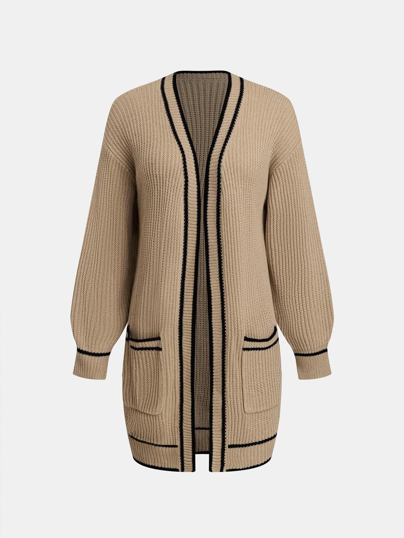 Product Introduction of YOZY Women's Contrast Binding Drop Shoulder Cable Knit Cardigan, Casual Long Sleeve Pocket Open Front Knitwear for Fall & Winter, Fashion Ladies' Knit Clothing for Daily Wear 8