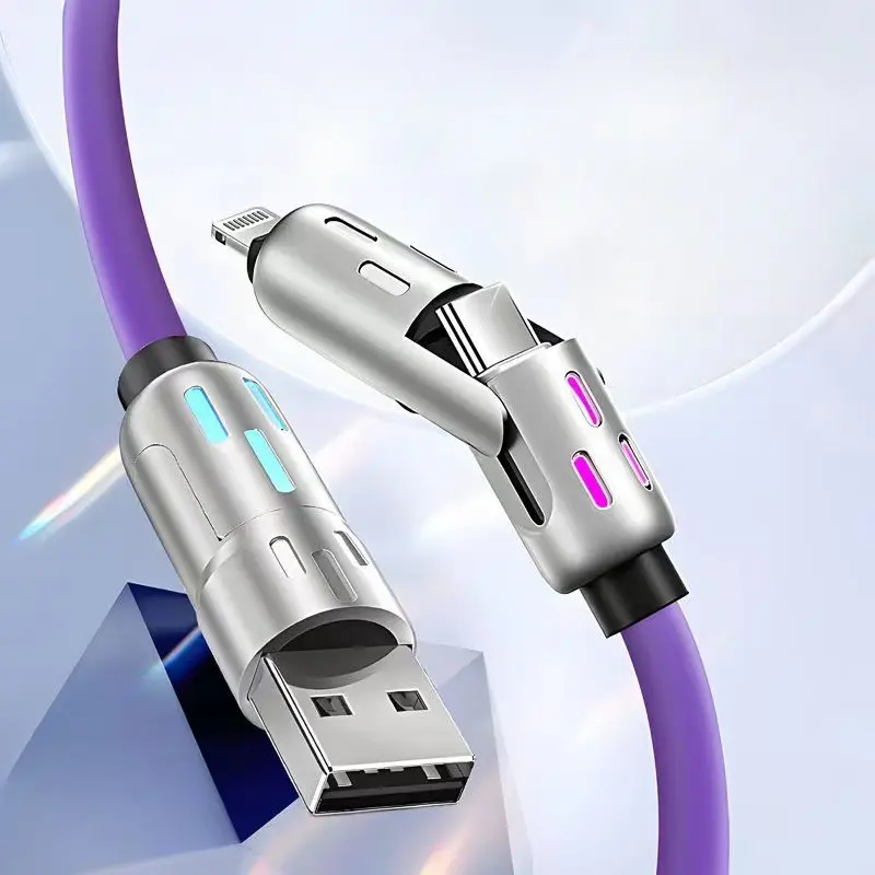 Optical Column Four-in-One Data Cable 240W Super Fast Charge Two Support Phone Charging Cable Breathing Light Car Multifunction Rubber Cellphone