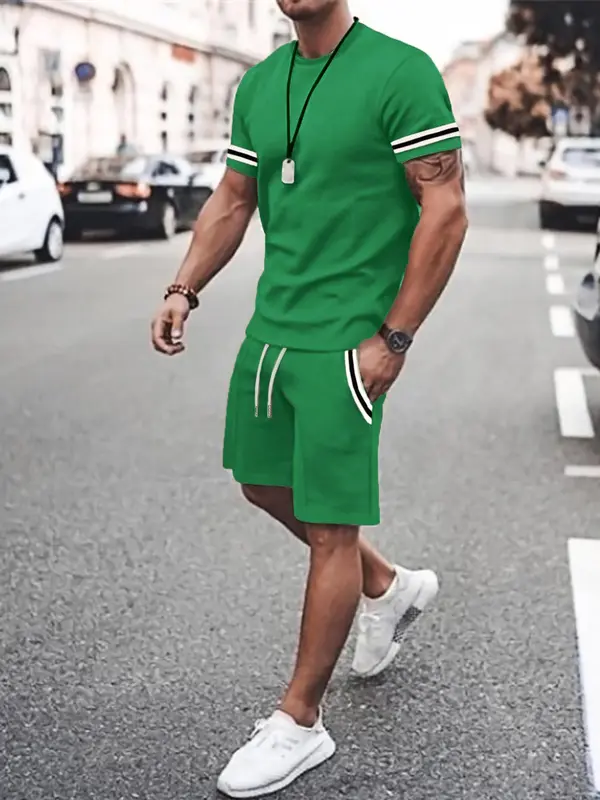 Classy Two Piece Sets Men's Contrast Binding Tee & Drawstring Waist Shorts Set, Casual Short Sleeve Round Neck T-shirt & Pocket Track Shorts, Autumn Outfits, Menswear, Posh Men's Clothes, College Outfits UK, Balkan School Outfits, Outfit Sets for Men 4