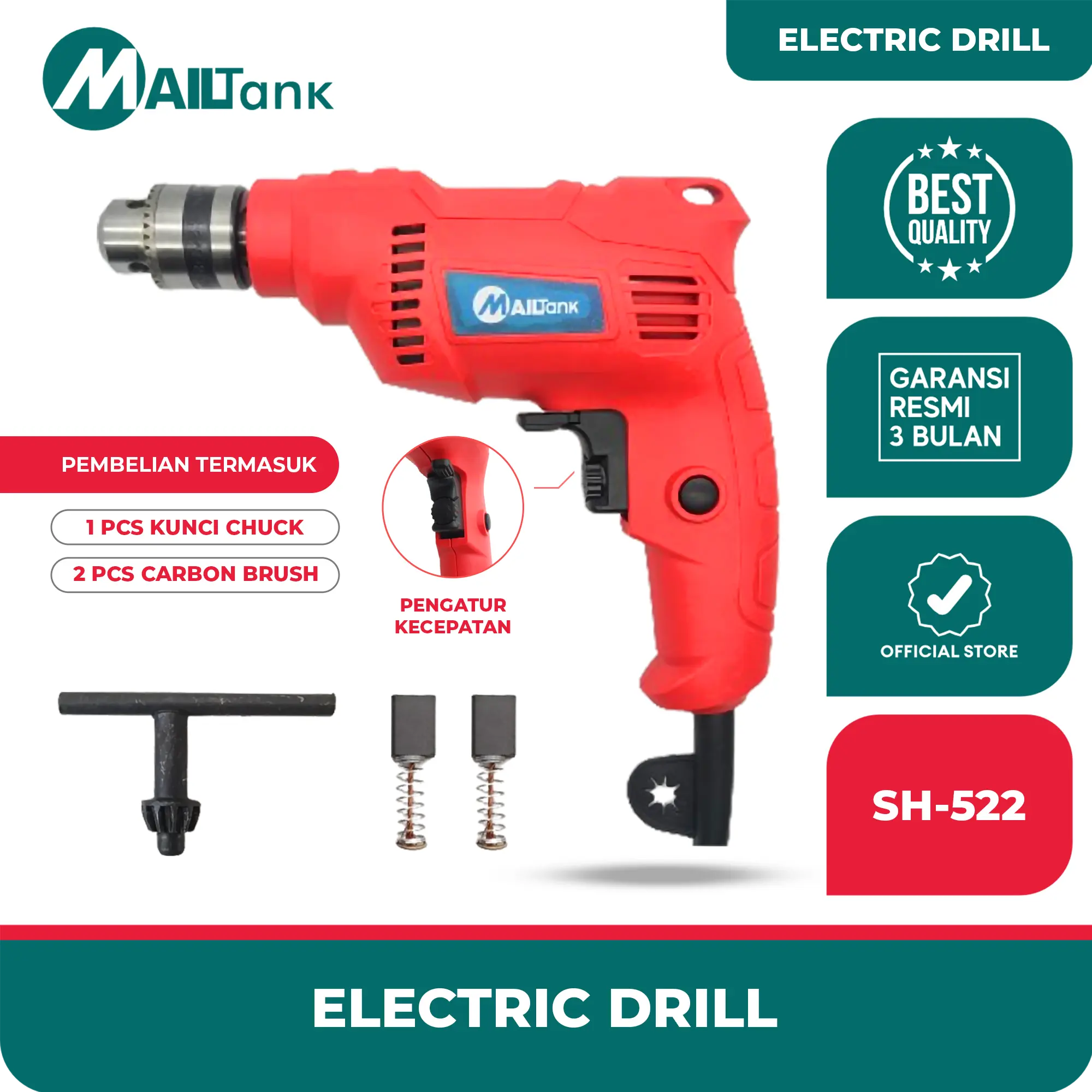 Mailtank SH522 Bor Listrik 10mm 580W Mesin Bor Bolak Balik Untuk Bor Tembok Kayu dan Besi