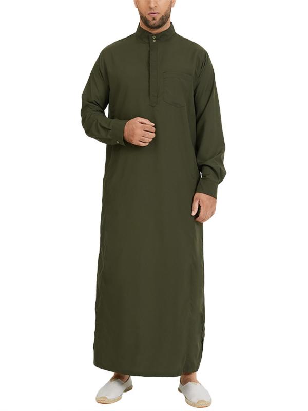 Men's Loose Solid Button Front Split Hem Kaftan, Modest  Mock Neck Pocket Arab Thobe, Casual Men's Islamic Clothing for Daily Wear 7