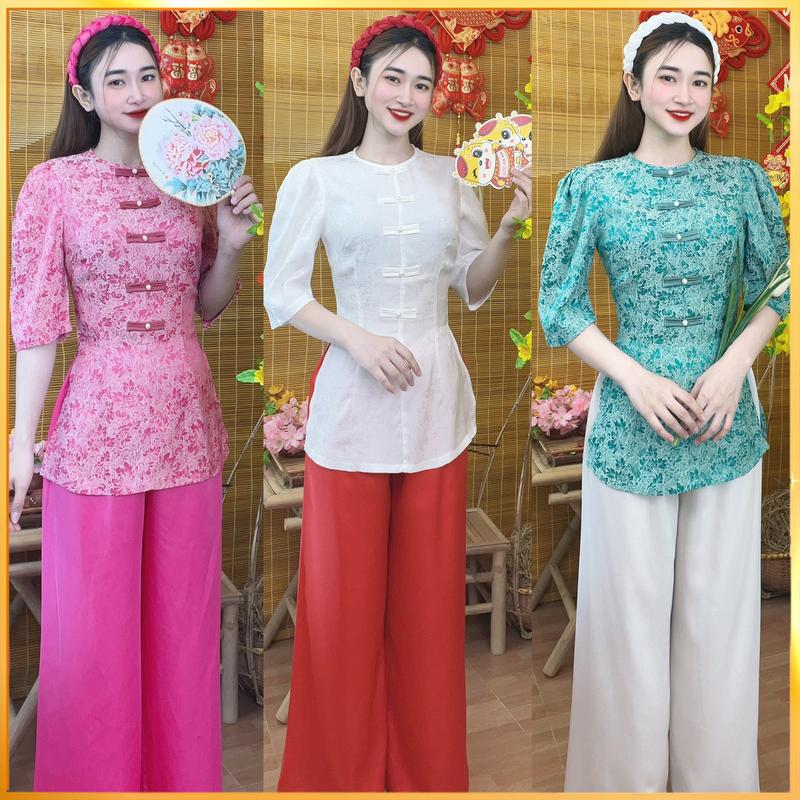  Đồ Lam Nữ Đi Chùa - Bộ Bà Ba Thiết Kế Vải Lụa Gấm Tơ Hai Da Cao Cấp Áo Tay Phồng Lỡ Cổ Tròn Phối Nút Tàu Kiểu Đính Nút  Kèm Quần Lụa Satin  N.A STORE -AL082 Top Nữ Quần Kem Women Sen 