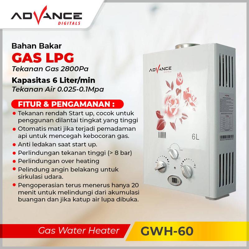 【COD】Advance GWH-60 Gas Water Heater Pemanas Air 6 Liter Free Shower Original Bergaransi 1 Tahun 2