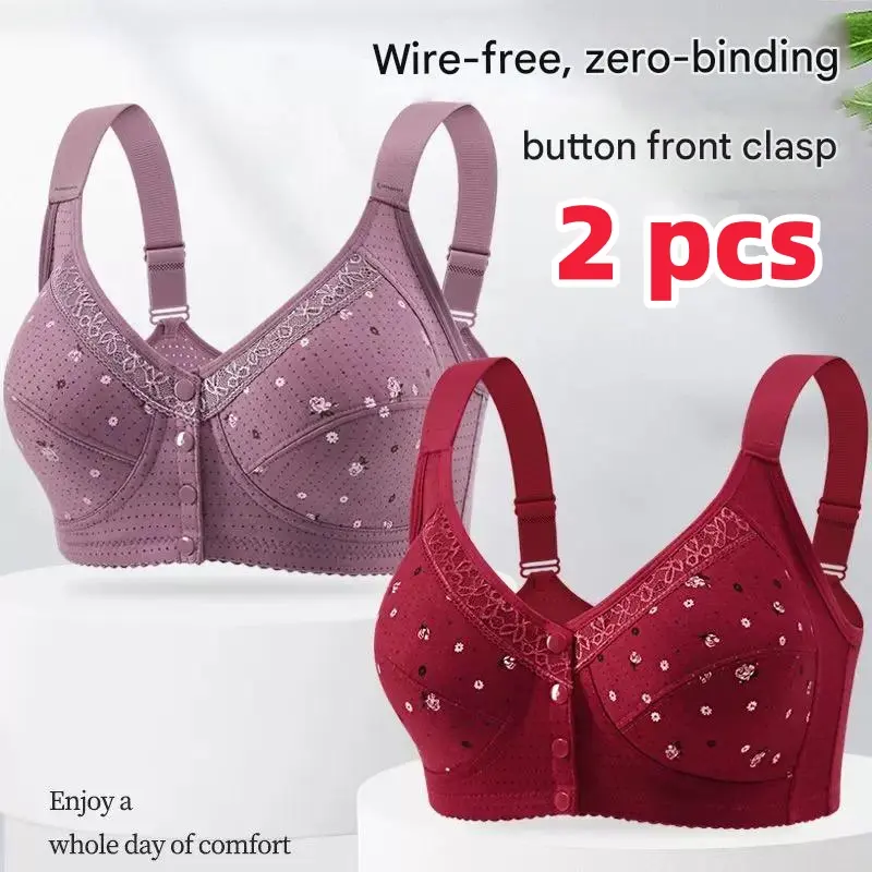 【2 pcs】Middle-aged and elderly mothers large size bra front buckle without steel ring beautiful back anti-sagging comfortable soft pure cotton breathable not stuffy vest-style underwear Seamless Womenswear