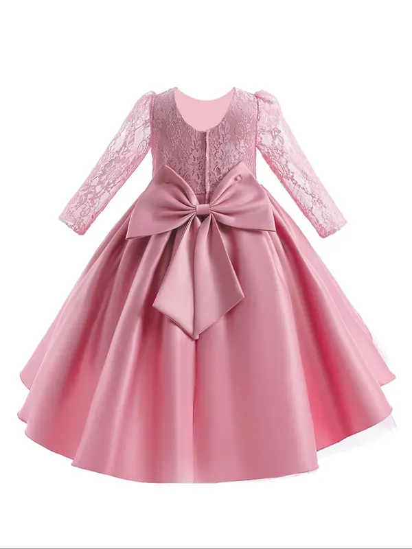 Girl's Contrast Lace Bow Decor Tiered Layer High Low Hem Satin Dress, Elegant Puff Sleeve Round Neck Midi Dress for Party Wedding Guest, Kids Clothes for All Seasons 7