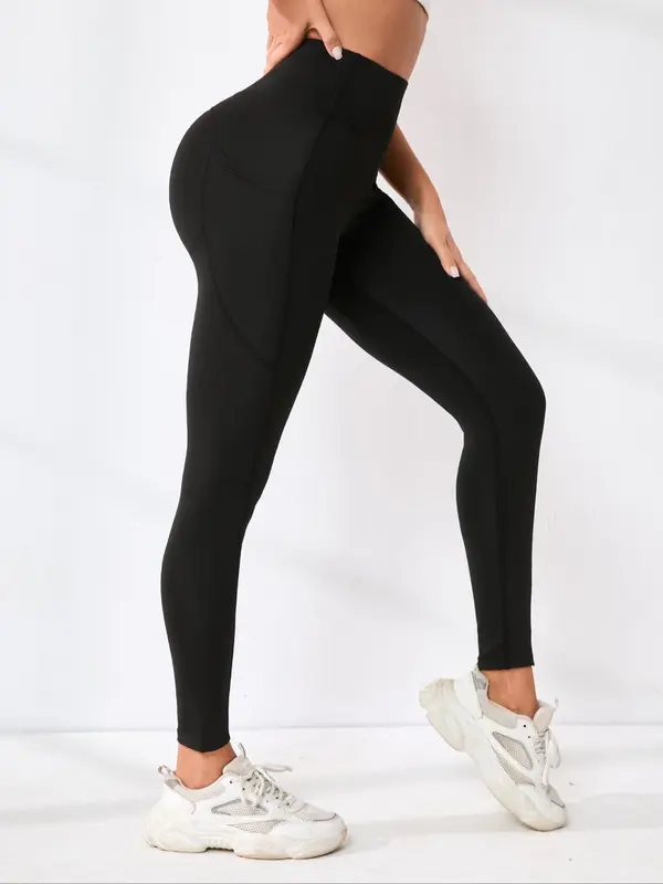 Women's 3pcs Solid High Waist Pocket Sports Leggings, Sporty High Stretch Seamless Skinny Pants for Yoga Gym Workout, Ladies Sportswear Bottoms for All Seasons 3