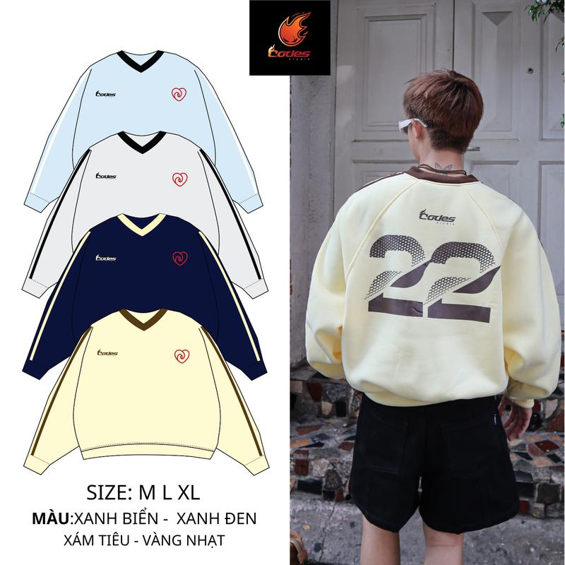CODES STUDIO | Áo sweater nỉ bông style y2k form boxy in thêu 22 áo thu đông nam tay dài dày dặn phối 2 sọc cổ tim bigsize unisex basic tee hot trend