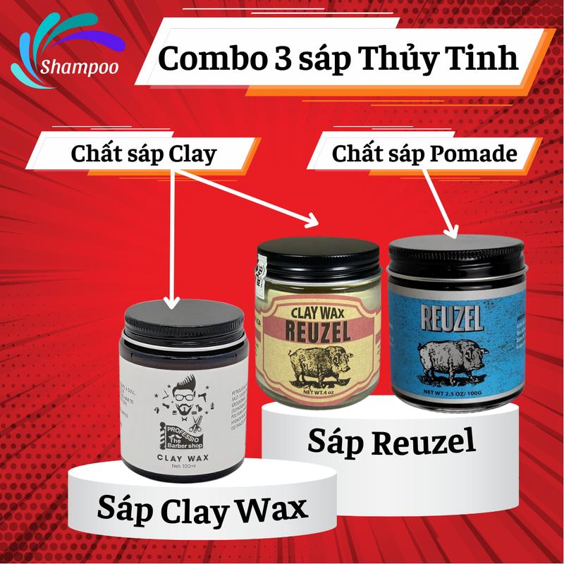 COMBO 3 Sáp vuốt tóc Thủy Tinh Reuzel - Clay wax giữ nếp bồng đẹp chất sáp clay - pomade