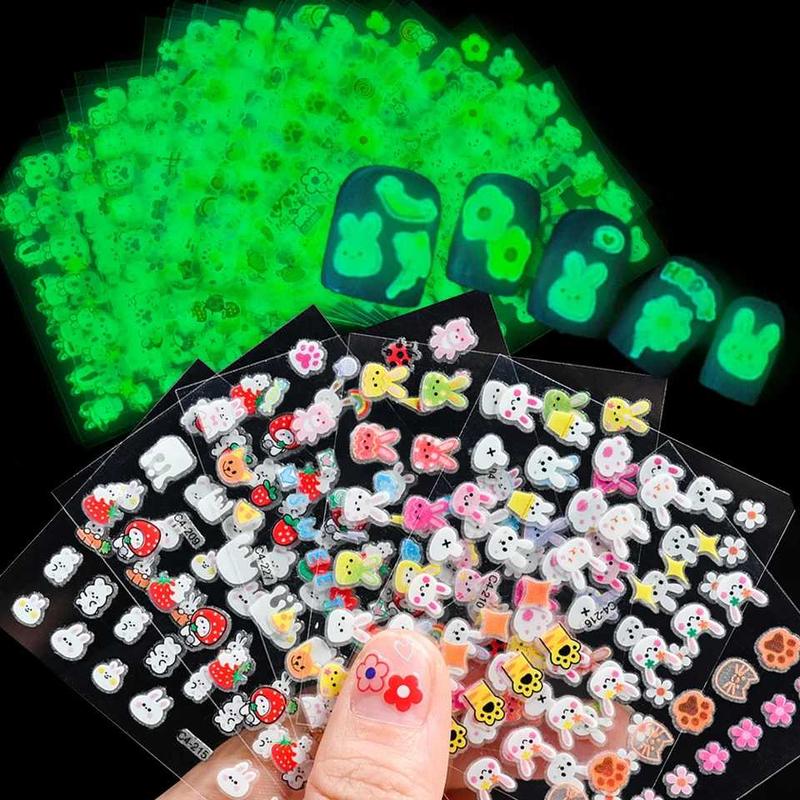 Combo 10 Tấm Sticker dán móng 3D nail Dạ Quang Hoạt hình cute, hình dán móng tay Dễ Thương Cho Bé Gái Bạn Gái