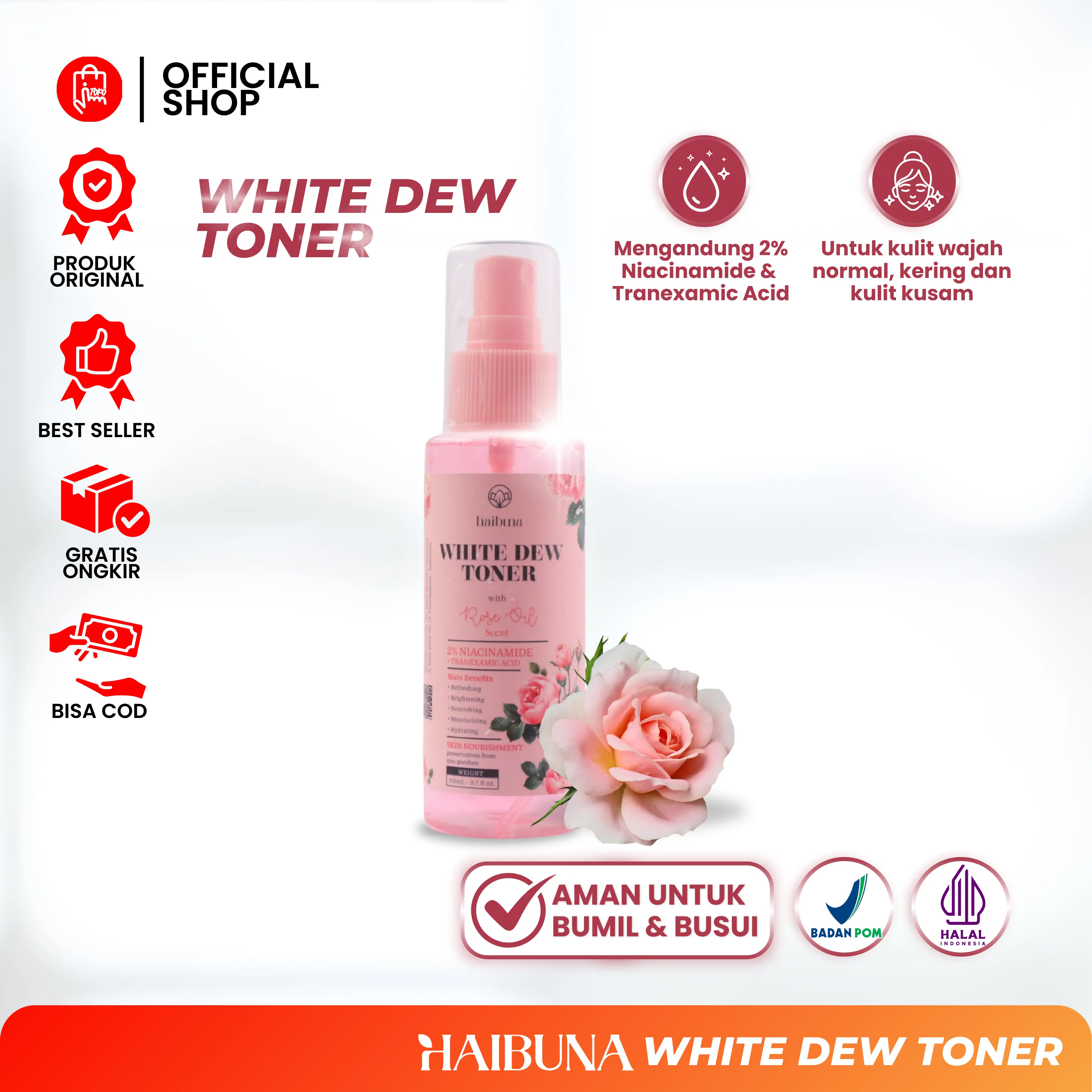 HAIBUNA Skincare Toner Whitening & Flek Hitam - White Dew Mencerahkan Kulit Hitam dan Menghidrasi Wajah - Skincare Aman Untuk Bumil Busui