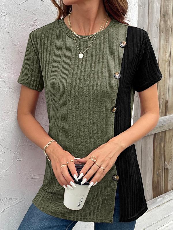 Women's Colorblock Asymmetrical Button Decor Split Hem Ribbed Crew Neck Tee, Summer Clothes, Casual Fashion Short Sleeve Round Neck T-shirt for Summer, Elegant Classy Tops, Womenswear 8
