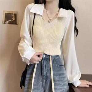 เสื้อเชิ้ต สไตล์เกาหลี ชิค สปริง ย้อนยุค ซอก ฝรั่งเศส เย็บปะติดปะต่อกัน คอปก แขนโคมไฟ ดีไซน์สองชิ้นปลอม เสื้อถักสั้น