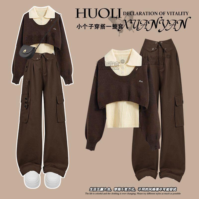 Autumn and Winter Set Women's 2024 New Oversized Knit Sweater Women's Polo Collar Vest Versatile Workwear Pants Three-Piece Set 0