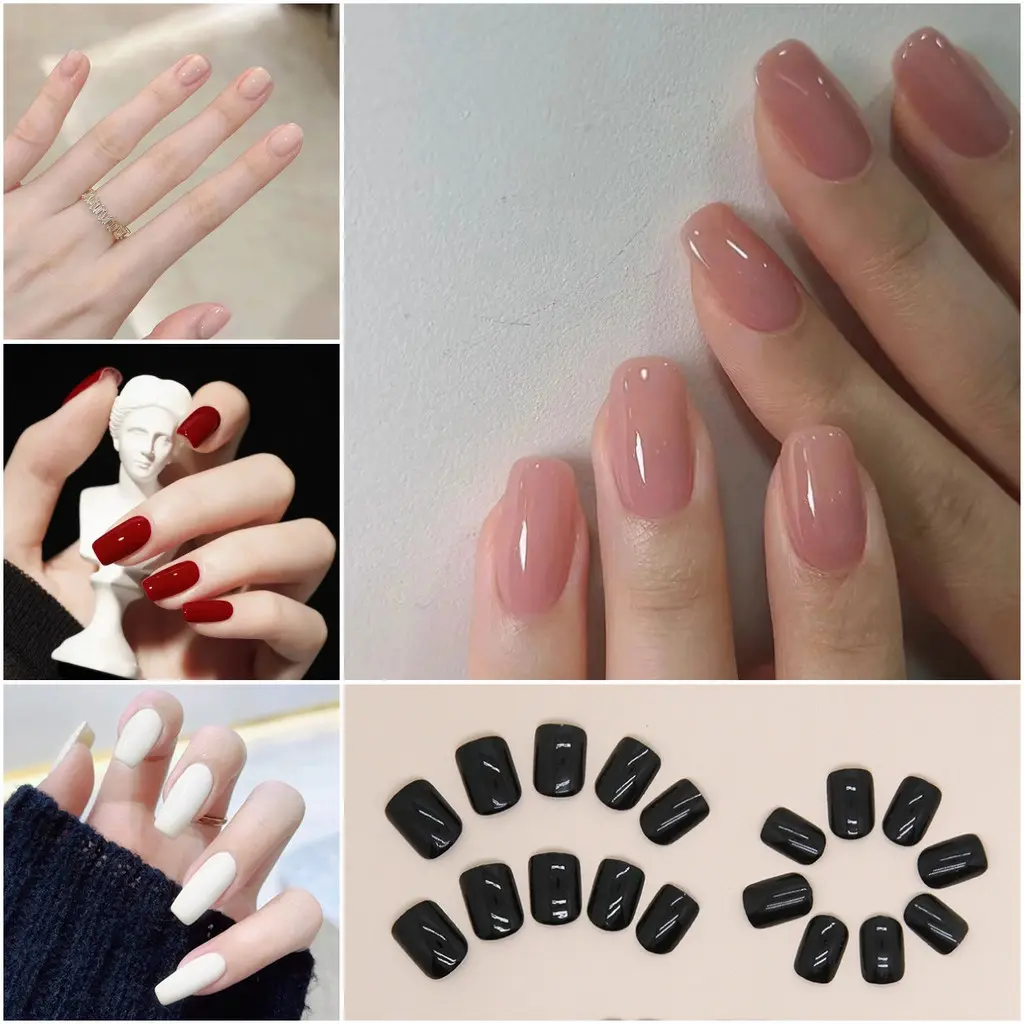 [Free Gift]24Pcs Short Pure Color Fake Nails Set with Jelly Glue Nail Extension Set Press on Nails COD