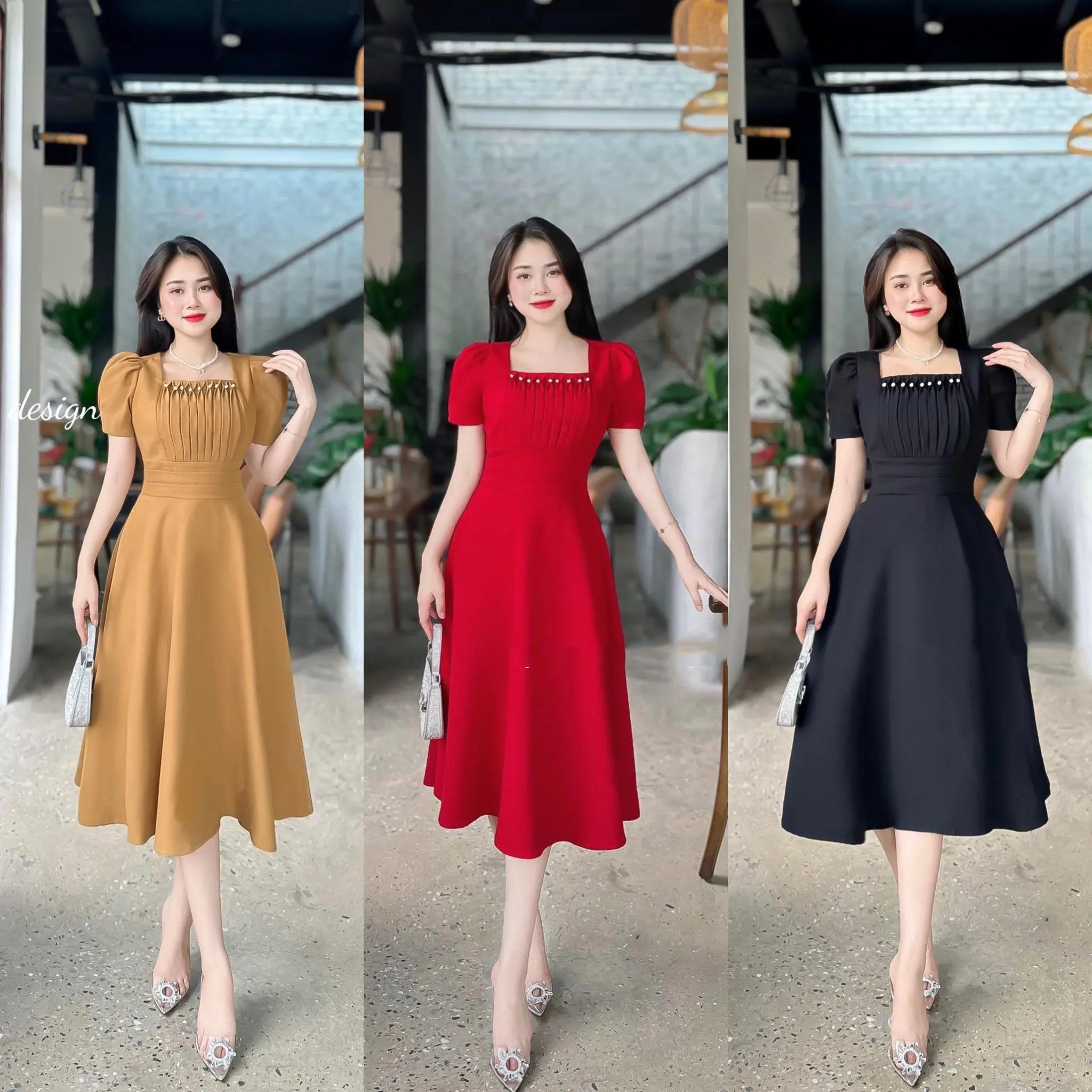 V25 - Váy cổ xếp ly - 3 màu thiết kế eo cao mặc che bụng, chất liệu mango nhập khẩu, mát mịn - Thời trang Đầm Nữ Nhà Min, váy dự tiệc thiết kế
