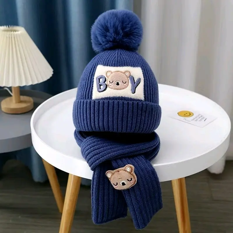 Mũ Len Kèm  khăn Gấu Boy Cho Bé Siêu Ấm Cho Mùa Đông Mũ Nón Len Quả Bông Kem