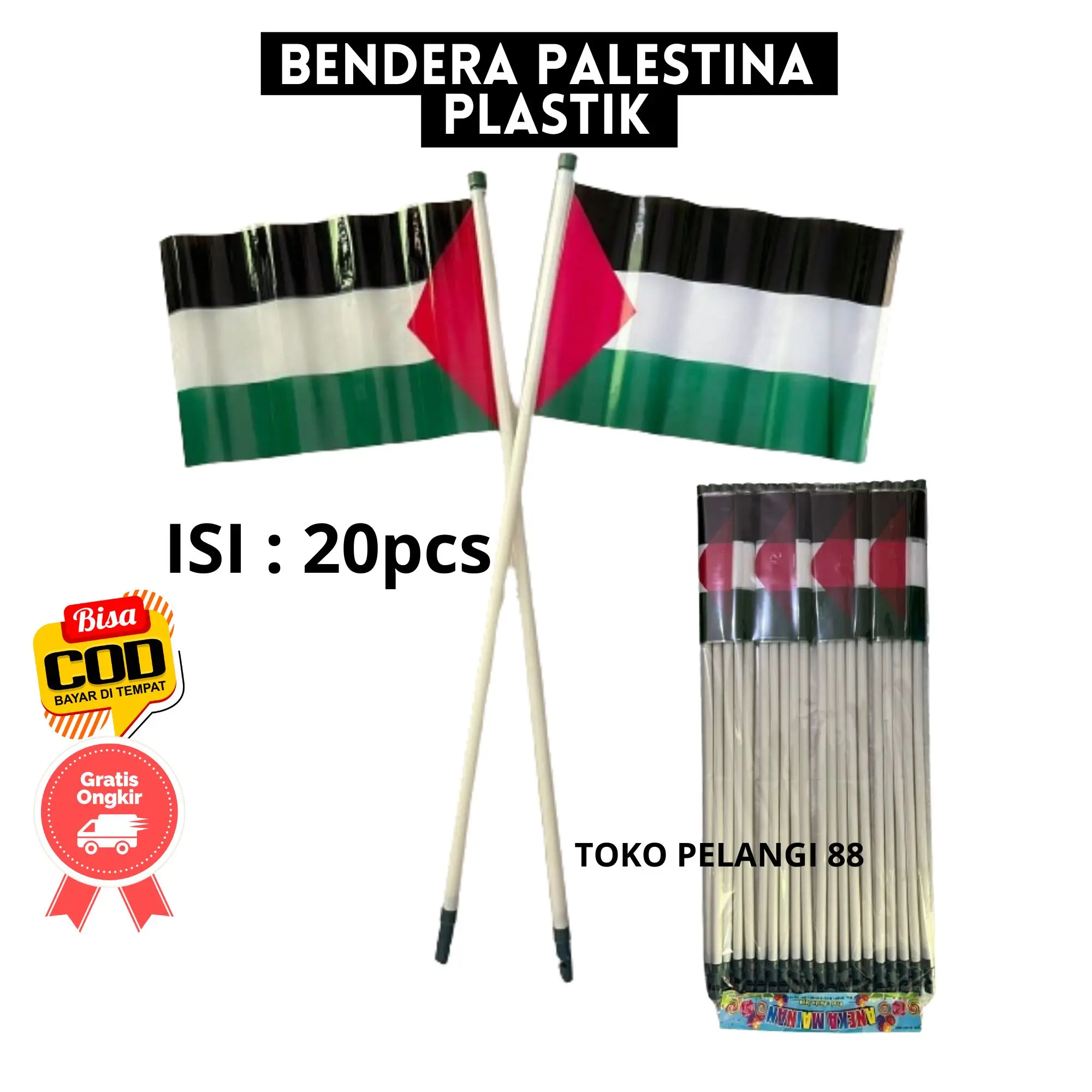 (20pcs) Bendera Tangan Palestina PLASTIK Dengan Tangkai Bendera Palestine Tangkai Peluit