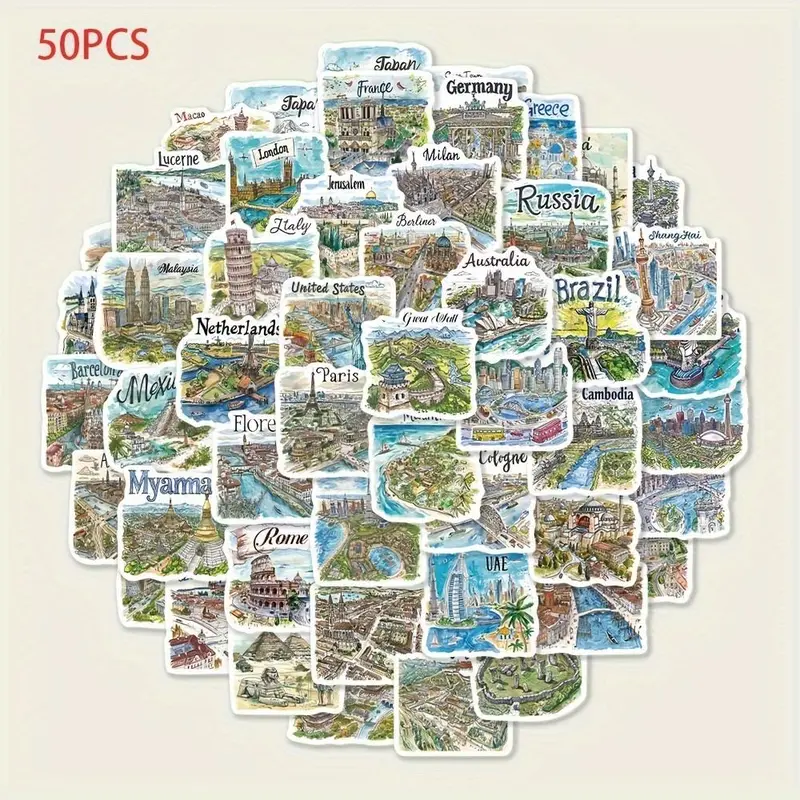 Travel Map Pattern Sticker, 50pcs/set Cartoon Waterproof Self-adhesive Sticker, Diy Decals for Gift Greeting Card Water Bottle Laptop, Scrapbook Materials 5
