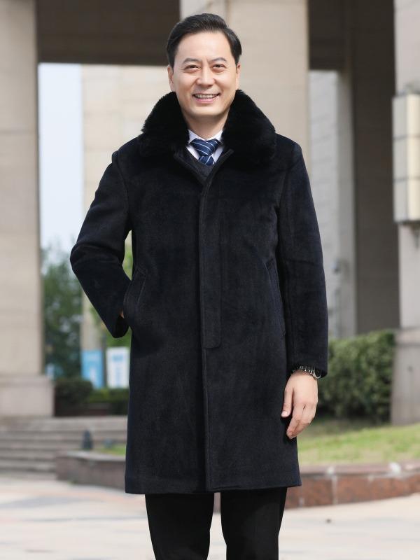 Áo khoác măng tô nam dáng dài trung niên cổ lông tháo dời siêu ấm