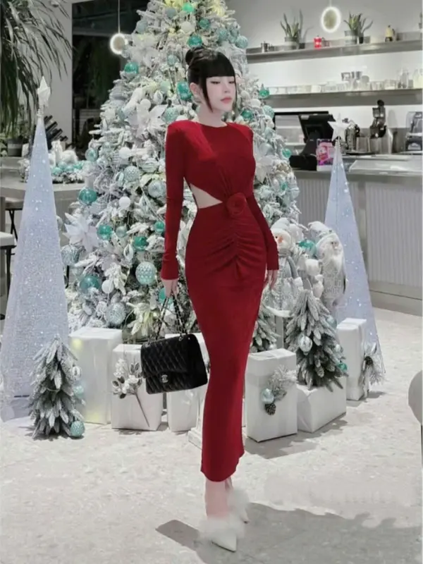 ĐẦM BODY TAY DÀI, KHOÉT EO ĐÍNH HOA GIỮA (40kg-55kg), chất thun ladong [GL80014] Nữ Women Dress Voi 2