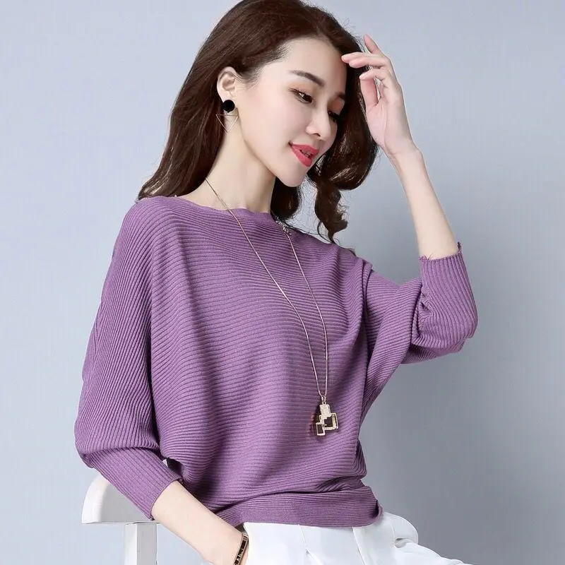 Đồ Len Mùa Mùa Xuân Và Mùa Thu, Áo Len cánh Dơi Cho Nữ, Áo Khoác Dệt Kim, Dáng Rộng Vừa Vặn, Cỡ Lớn, Trễ Vai Women Top