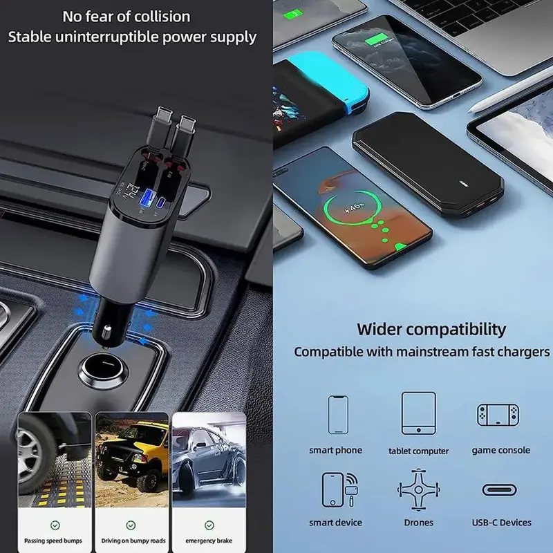Bộ sạc ô tô, Sạc nhanh 4 trong 1, Sạc siêu nhanh, Tương thích với Type-C, IOS và USB, Cáp Có Thể Thu Vào 5