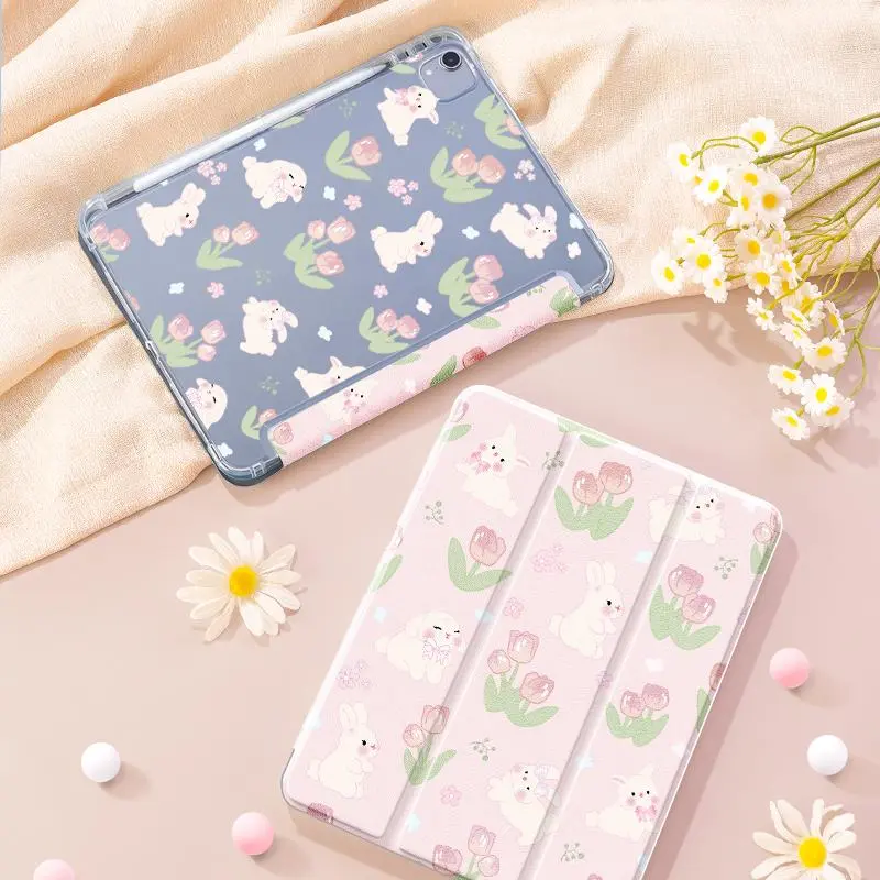 Cute Rabbit & Flower Pattern Tablet Case, Tri-fold Stand Tablet Protective Cover, Soft TPU Tablet Protector for iPad 2