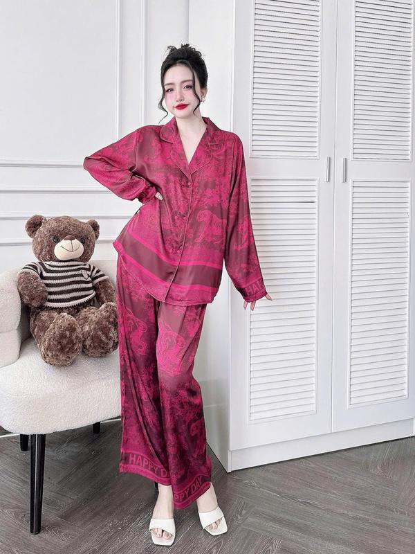 Đồ Bộ Pijama Nữ Lụa Latin Tơ Tằm, Thoáng Mát, Form Vest, Tay Dài Quần Dài In Họa Tiết Loang Rừng Đỏ Sang Trọng [Size 45-60kg và 61-75kg], Có Bigsize Women Nhung